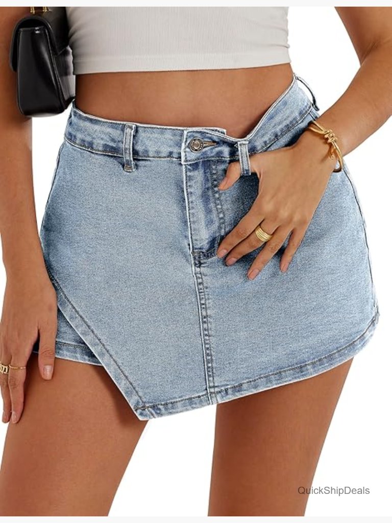 High Waisted Denim Skort With Pockets Stretchy Mini Jean Skirt